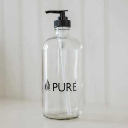 Bouteille distributrice en verre de 500ml avec pompe, de la marque PURE, pour le vrac.