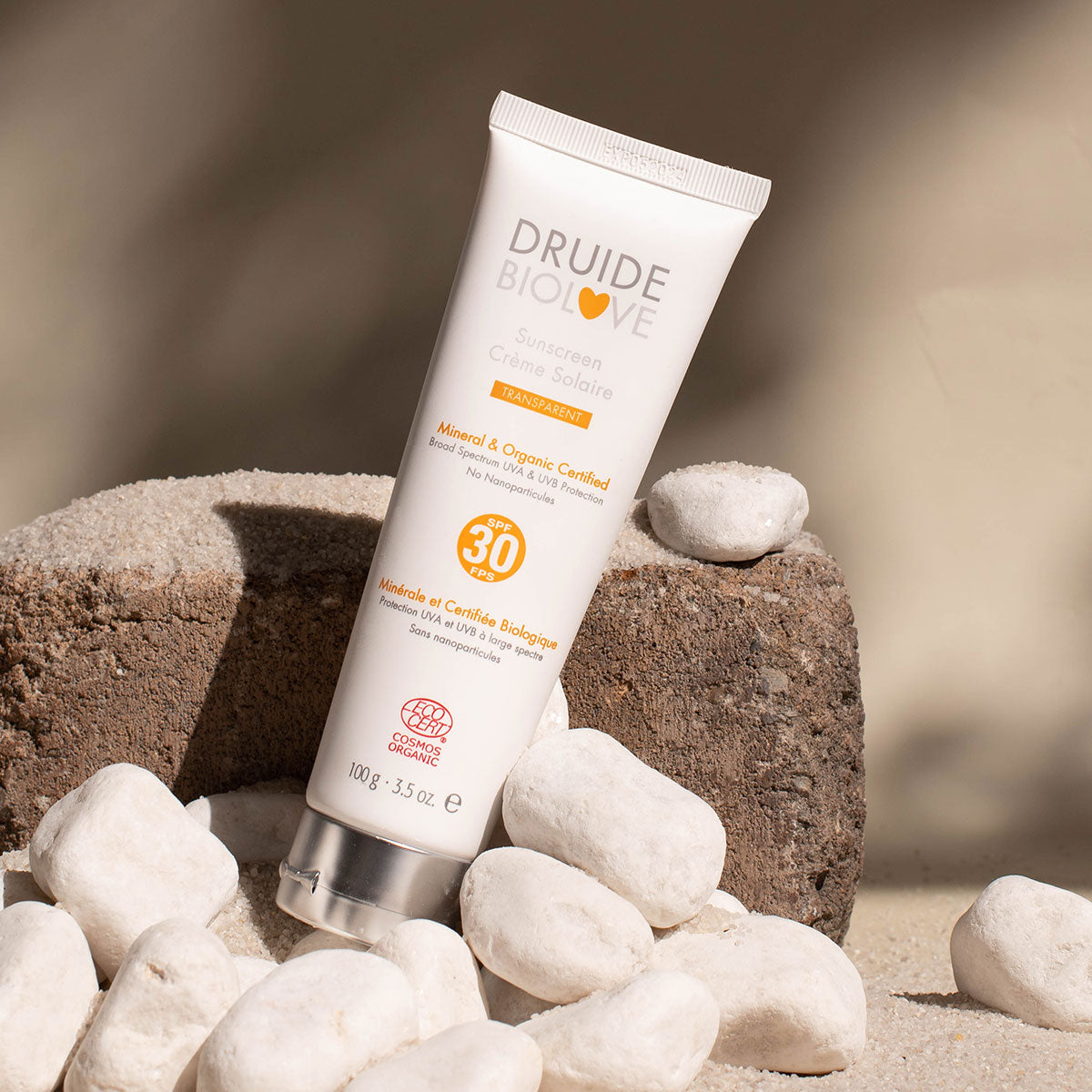 Crème solaire minérale FPS 30 BioLove de Druide, fabriquée au Québec.