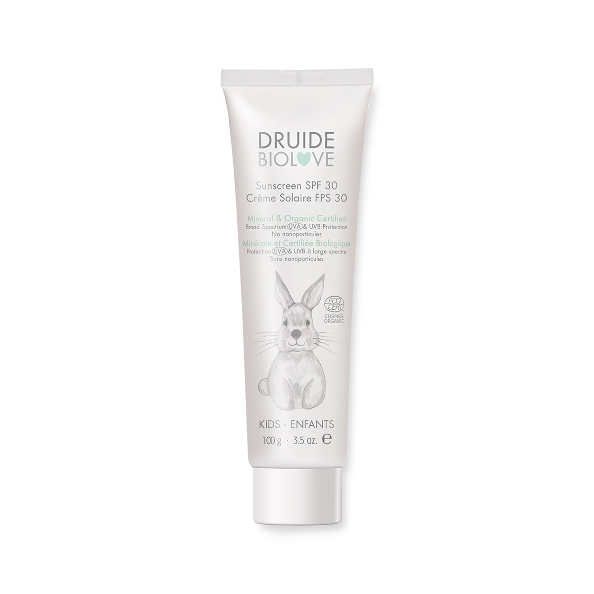 Crème solaire minérale FPS 30 pour bébé, de la gamme biologique BioLove de Druide.