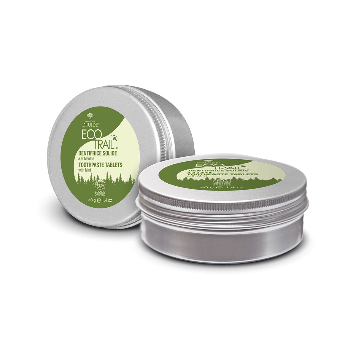 Dentifrice solide en pastilles de la gamme EcoTrail de Druide, idéal pour le plein air.