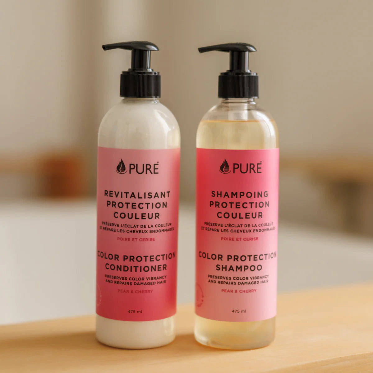 Duo shampoing-revitalisant protection couleur au quinoa pour cheveux colorés, de la marque PURE