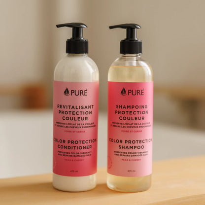 Duo shampoing-revitalisant protection couleur au quinoa pour cheveux colorés, de la marque PURE