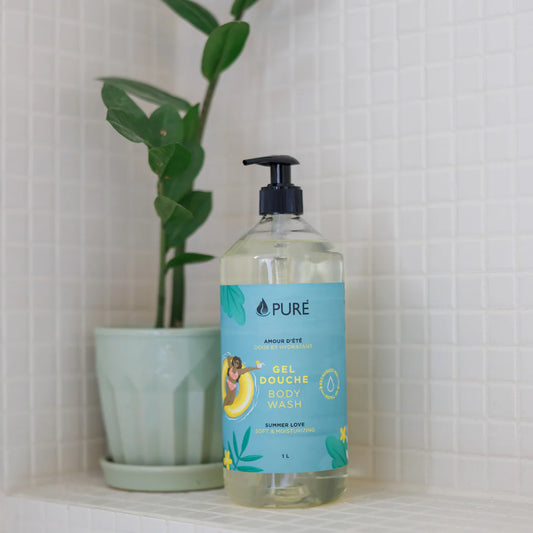 Bouteille de gel douche PURE pour peau sensible, sans parfum, fabriqué au Québec