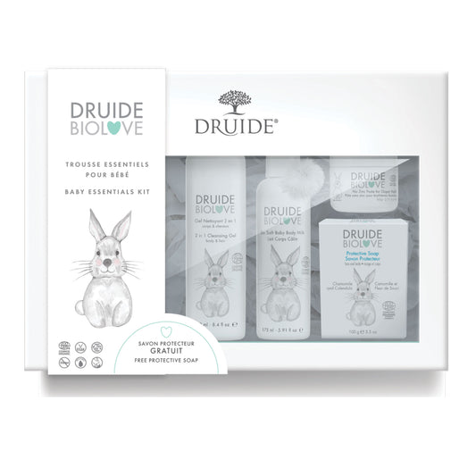 Kit introduction pour bébé de la gamme BioLove de Druide, contenant 4 soins essentiels.