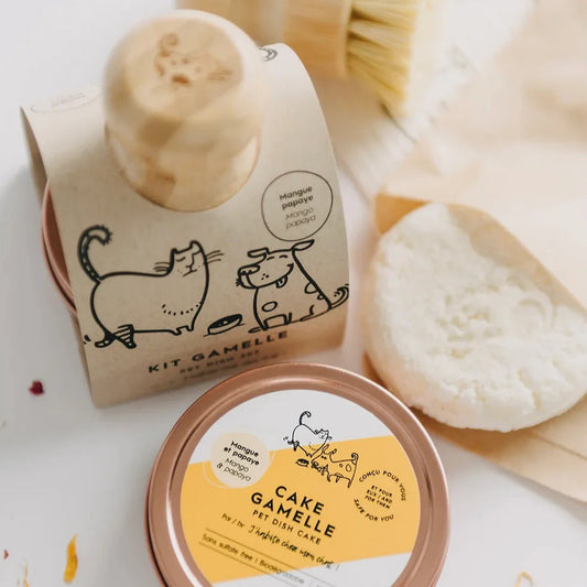 Kit "Gamelle" pour nettoyer la vaisselle des animaux, avec cake solide et brosse.