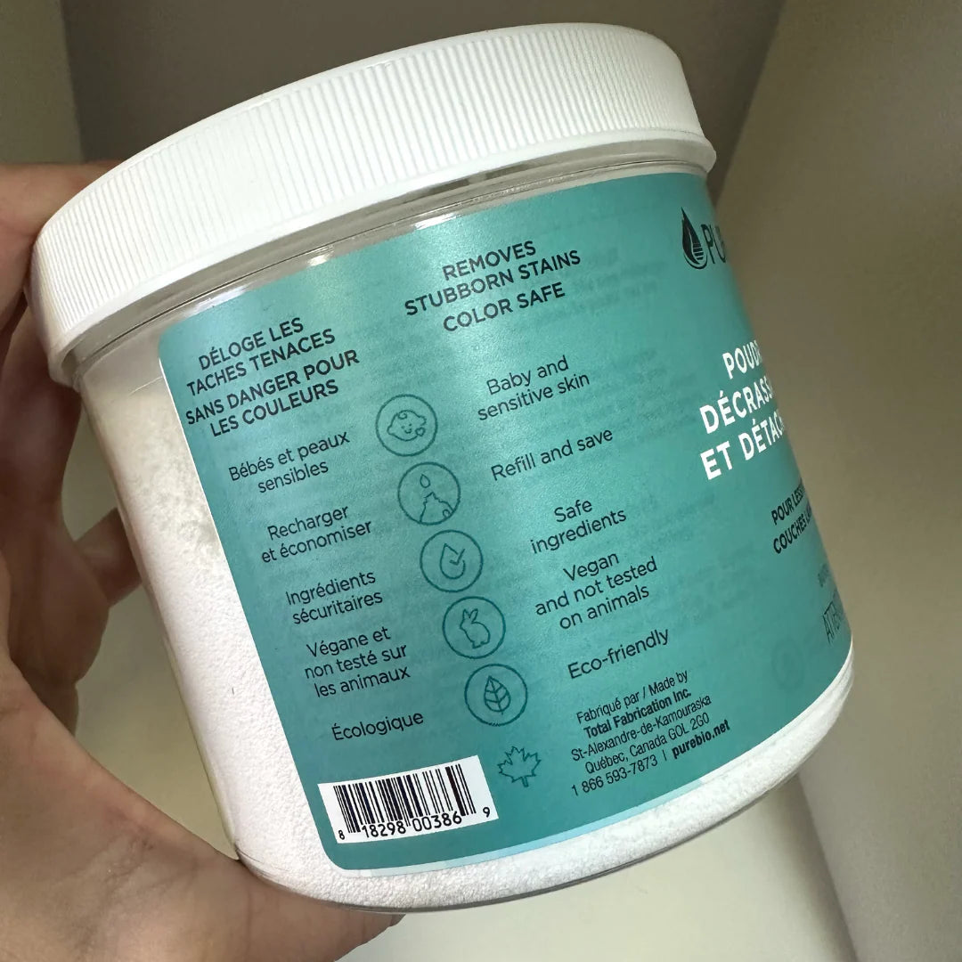Caractérisitiques de la poudre décrassante et détachante écologique de PURE x Omaïki, pour couches lavables et tissus