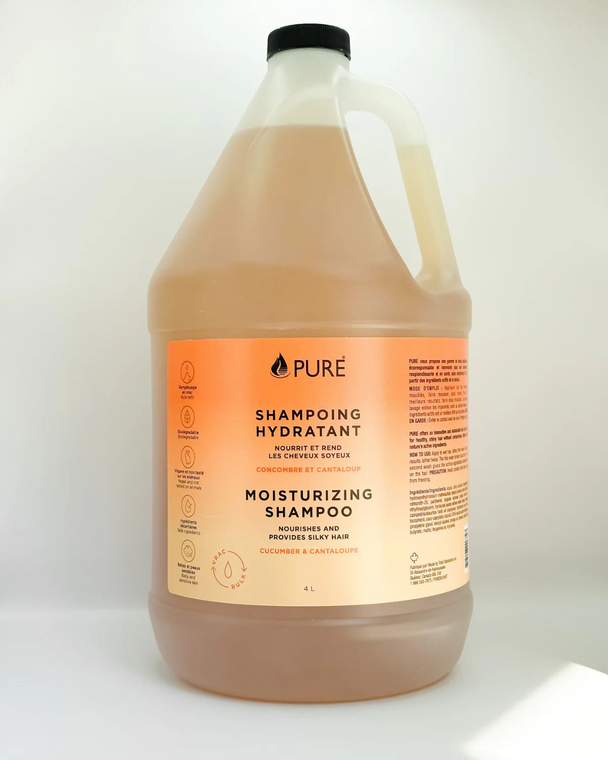 Shampoing hydratant au baobab pour cheveux secs et frisés, de la marque québécoise PURE - Format recharge 4L