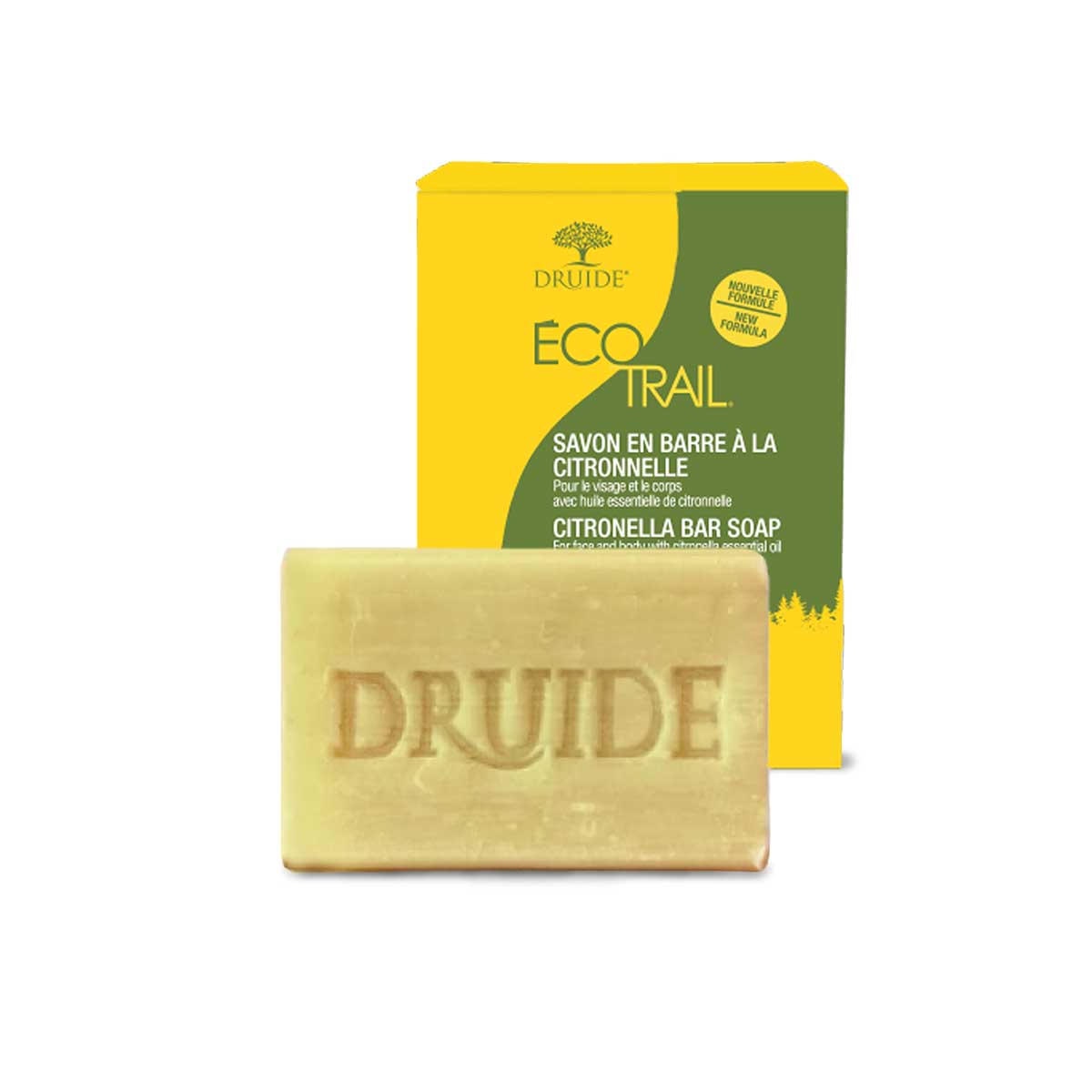 Savon en barre de plein air EcoTrail de Druide, au parfum de citronnelle.