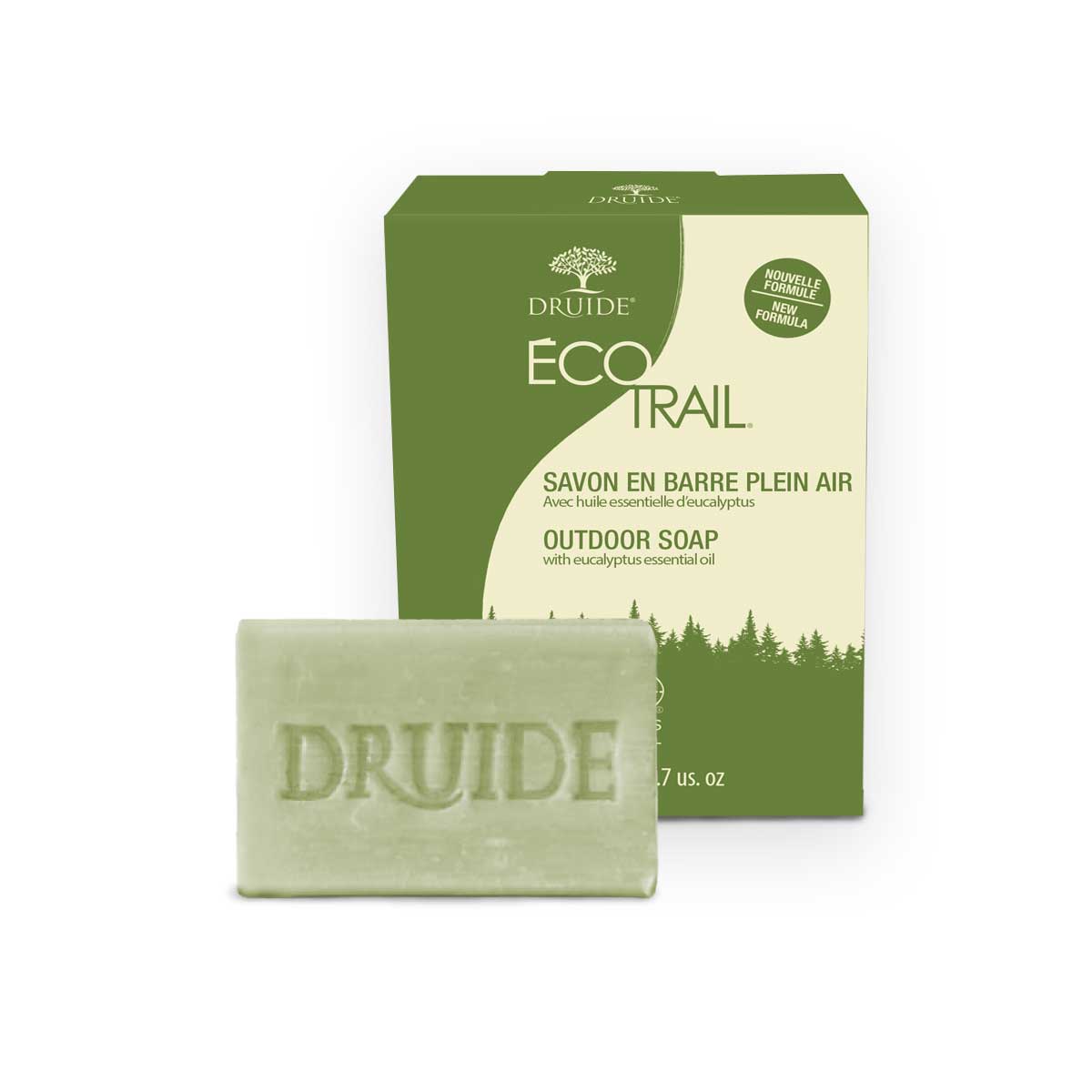 Savon en barre biodégradable EcoTrail de Druide, au parfum d'eucalyptus.
