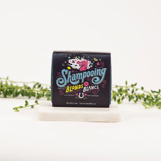 Shampoing solide pour cheveux blonds et blancs de la Savonnerie des Diligences, dans son emballage.